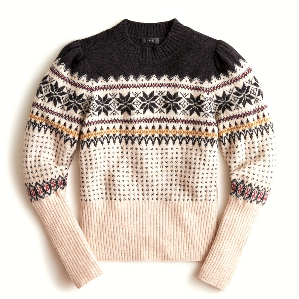 Women’s J. Crew Fair Isle Puff Sleeve Sweater NWT *Rare Color Heather Sand/Black